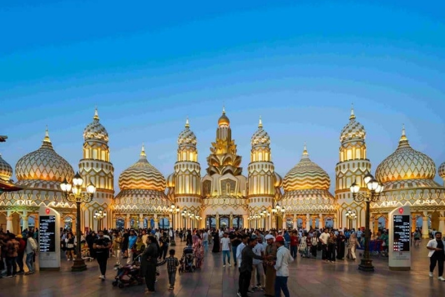 Global Village Dubai cultural pavilions and attractions at night